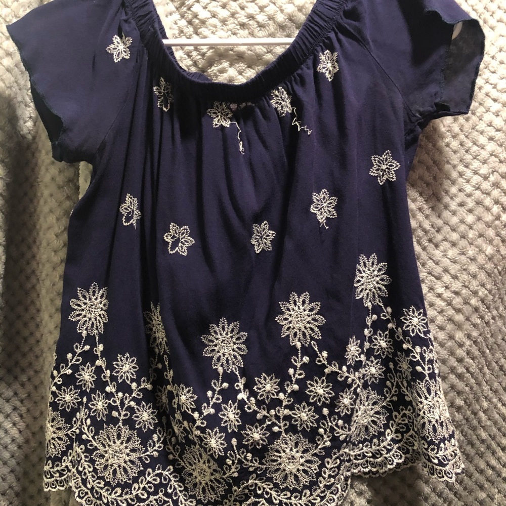 Off the shoulder blue shirt